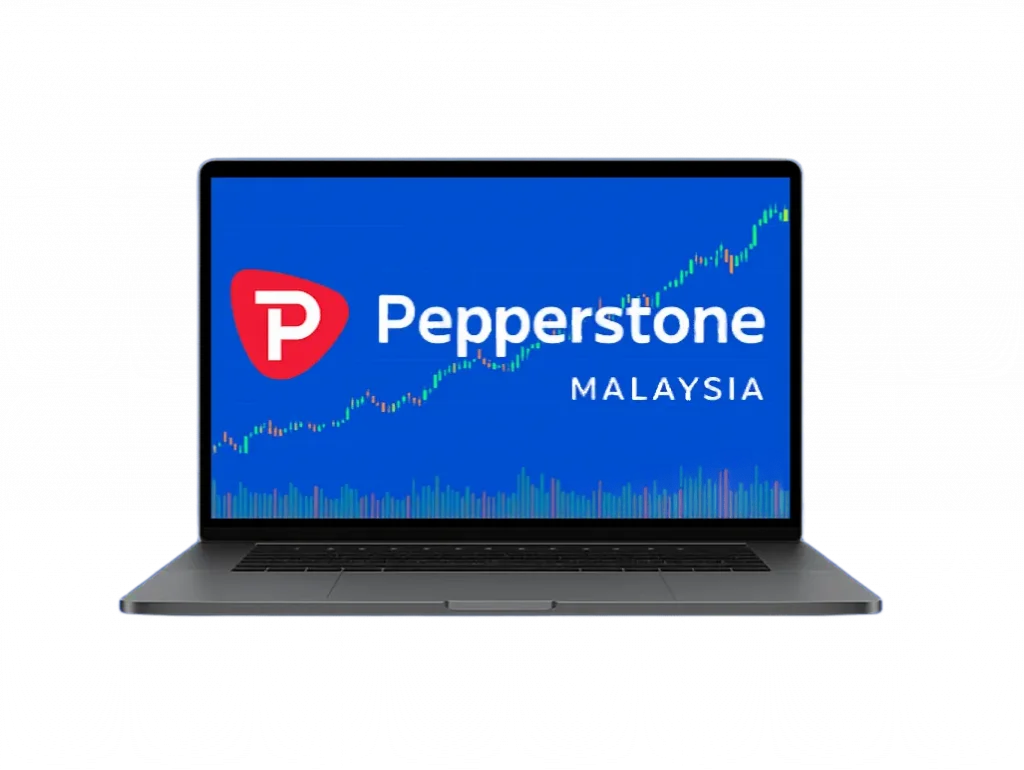 Pepperstone Malaysia blue banner with laptop and trading chart on screen